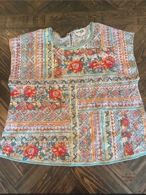 Savanna Jane Coral & Teal Floral Patchwork Cap-Sleeve Top
